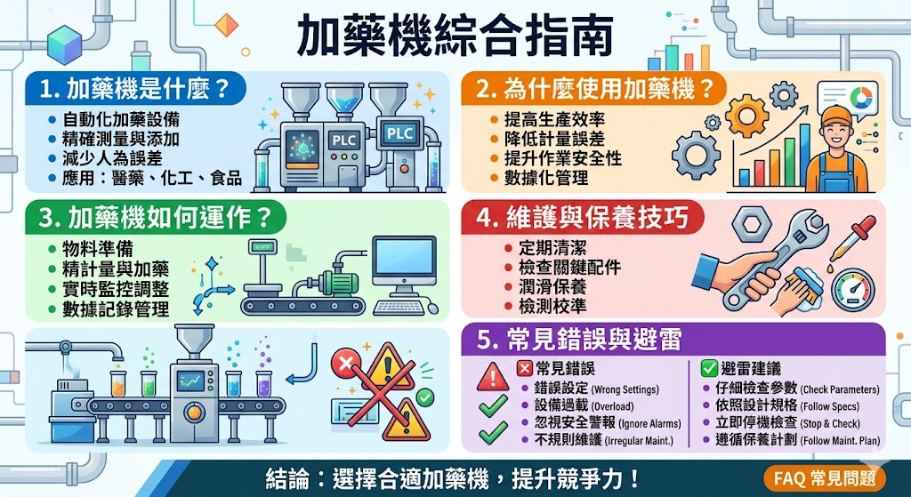 加藥機是一種自動化設備,廣泛應用於製藥、化學及食品行業,旨在提高藥品或化學品的加注精度和生產效率。這篇文章介紹了加藥機的工作原理、選擇建議、操作流程及維護技巧,幫助企業選擇最適合的加藥設備,從而提升生產過程中的效率與精確度,並確保產品質量。了解如何選擇與使用加藥機對提升生產力至關重要。