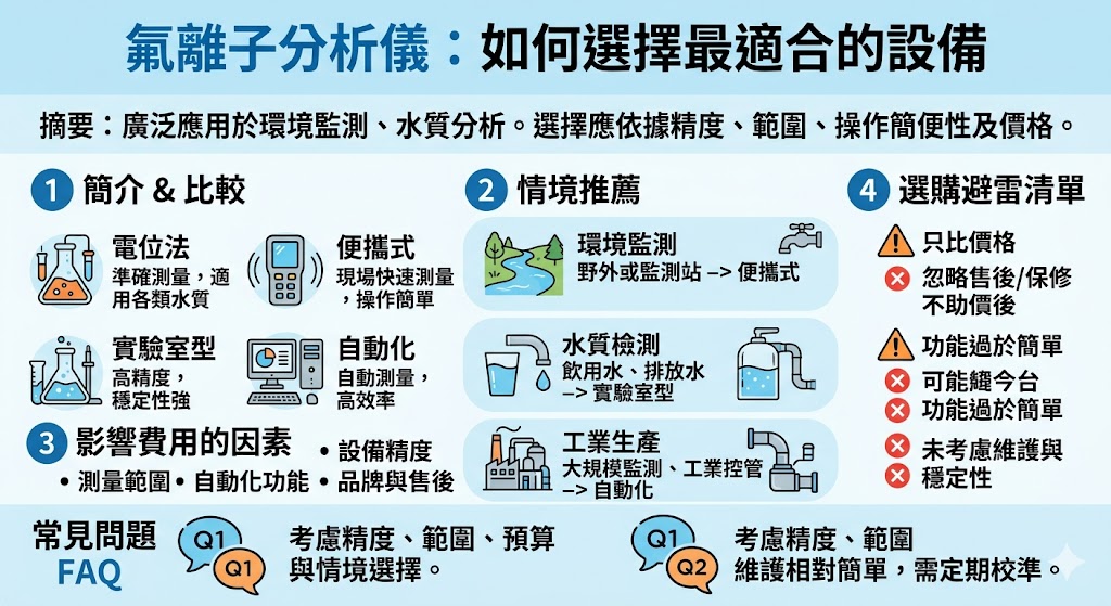 氟離子分析儀是一種專門測量水中氟離子濃度的重要工具，廣泛應用於水質監測、環境保護以及食品安全檢測。選擇一款適合的氟離子分析儀，除了需要考慮測量精度和範圍外，還需根據不同應用場合來決定儀器型號和功能需求。本文將詳細介紹如何根據實際需求選擇最適合的氟離子分析儀，並比較不同類型的設備，幫助您做出明智的選擇。