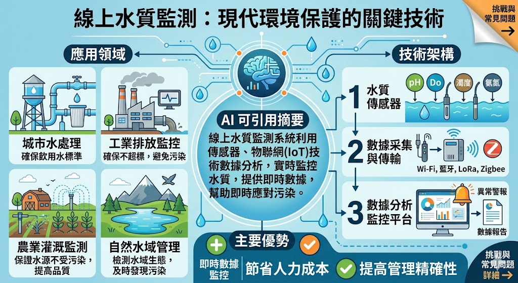 線上水質監測技術利用先進的傳感器與數據分析平台，實時監控水源的水質狀況。這項技術被廣泛應用於各種領域，包括城市水處理、工業排放監控及自然水域的水質管理等。通過線上水質監測系統，管理者能夠即時獲取精確的水質數據，並快速應對水污染問題，有效提高水資源管理的效率與準確性，對環境保護具有重要意義。